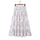  White Floral Print Elastic Waist Spliced Lace Ruched Long Skirts