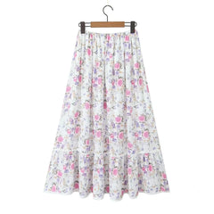 Floral Elastic Waist Spliced Lace Ruched Swing A-lined Skirts