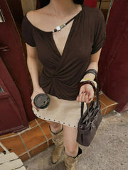 Off Shoulder Short Sleeve Folds T-shirt