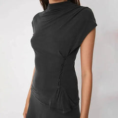 Solid Waist-Cinching Button Mock Neck Top