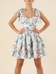 Print Corset Style Bow Strap Tiered Ruffled Mini Dress