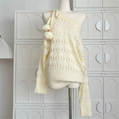 Knitted Off Shoulder Pom Pom Tie Up Sweatshirt