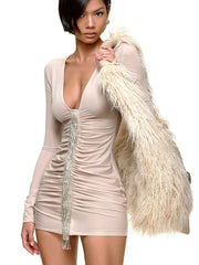 See Through Low-Neck Full Sleeve Tassel Decoration Mini Dress