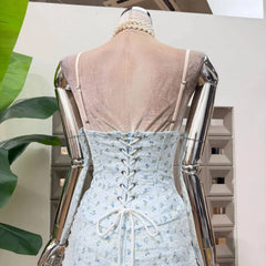 Floral Corset Strap Bow Corset And Mesh Overlay Mini Skirt Set
