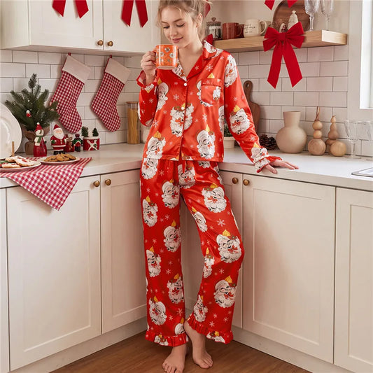 Satin Christmas Ruffle Trim Long Sleeve Shirt And Pants Pajama Set