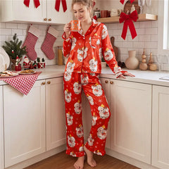 Satin Christmas Ruffle Trim Long Sleeve Shirt And Pants Pajama Set