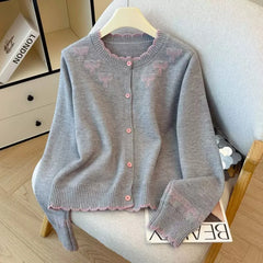 Jacquard Bow Round Neck Knitted Cardigan