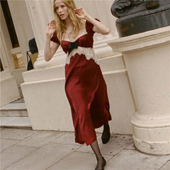 Red Satin Lace Trim Sweetheart Neckline Short Sleeve Maxi Dress