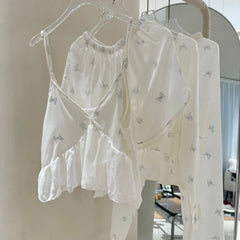Butterfly White Shirt Sling Shorts Pants Sleepwear Loungewear Set