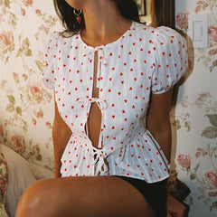 White Front Tie Heart Print Short Sleeve Top