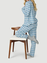 Plaid Print Long Sleeve Button Down Tops And Elastic Waist Pants Christmas Pajama Set