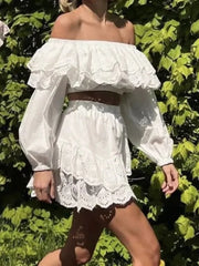White Off-shoulder Eyelet Crop Top And Mini Skirt Set