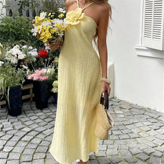 Yellow Halter Maxi Dress with 3D Flower Detail