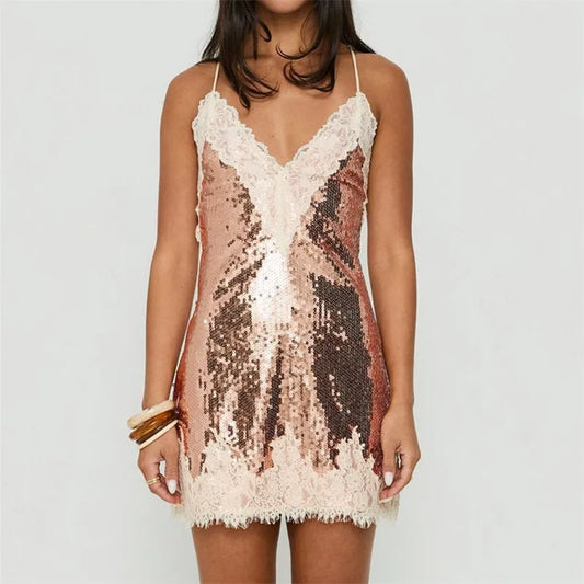 Gold Sequin Lace Trim Spaghetti Strap Mini Dress