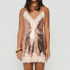 Gold Sequin Lace Trim Spaghetti Strap Mini Dress