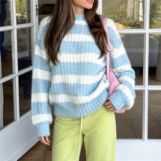 Striped Fuzzy Crew Neck Sweater
