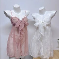 Tie Up Babydoll Mesh Dot Lace Nightdress with Panties Pajama Set