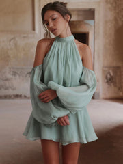 Cyan High Neck Cut Out Puff Long Sleeve Mini Dress