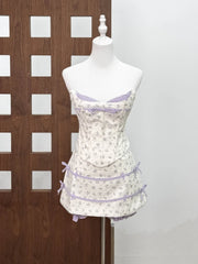 Floral Plaid Corset Strapless Top And Mini Skirt Set