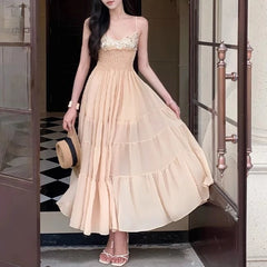 Khaki Sequin Bling Strappy Sheer Smocked Maxi Dress