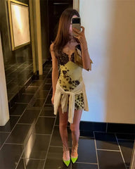 Yellow Leopard Print Lace V-Neck Mini Dress