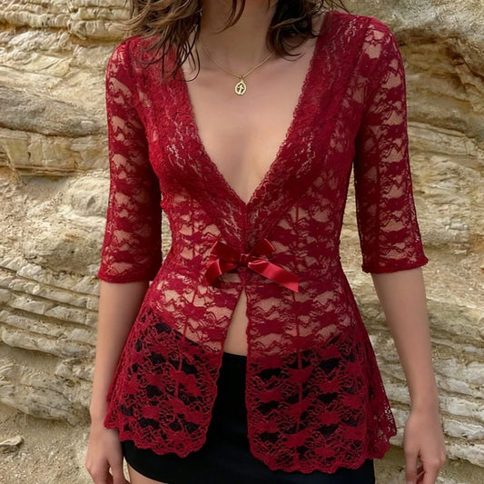 Floral Lace Short-Sleeve See-Through Blouse