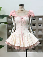 Floral Print Corset Square Neck Puff Sleeve Ruffle Hem Mini Dress