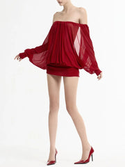 Off-Shoulder Long Sleeve Open Back Puff Mini Dress