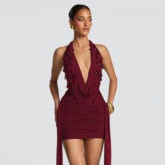 Halter Deep V Neck Teardrop Crystals Draped Mini Dress