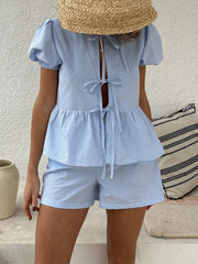 Front Tie Plaid Puff Sleeve Peplum Shirt And Shorts Set
