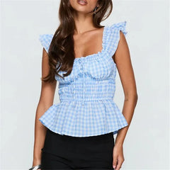 Gingham Smocked Waist Tie Back Peplum Top