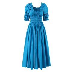 Ruched Puff Sleeve Elastic Midi Long Dress