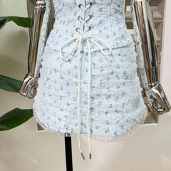 Floral Corset Strap Bow Corset And Mesh Overlay Mini Skirt Set