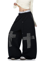 Black Rhinestone Cross Wide Leg Sweatpants
