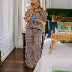 Ruffle Gingham Puff Sleeve Babydoll Shirts and Pants Lounge Set