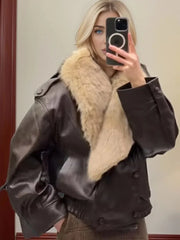 Brown Fur Collar Faux Leather Jacket