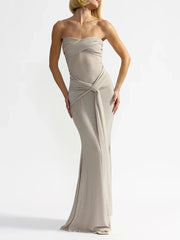 Grey Waist Tie Strapless Draped Maxi Dress