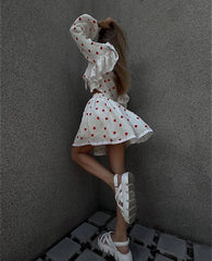 White Printed Ruffle Long Sleeve Shirt And Shorts Set