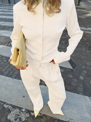 Ribbed Fabric Knit Long-Sleeved Top And Long Pants Leisure Set