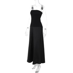 Black Strapless Satin Patchwork Maxi Dress