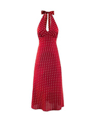 Red Polka Dot Print Tie Up Long Dress