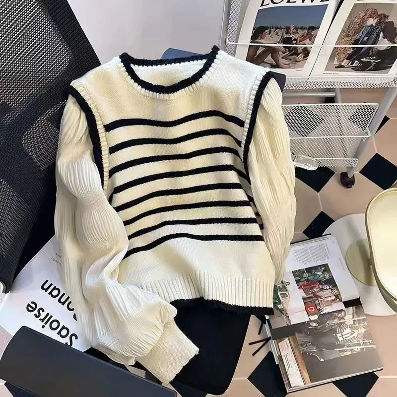 Black & White Striped Knit Patchwork Sleeve Pullover - Free From Label