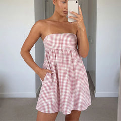 Gingham Strapless Babydoll Back Tie Mini Dress