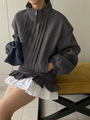 Pleated Zipper High Neck Jacket