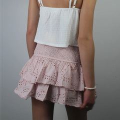 Elastic High Waist Eyelet Tiered Mini Skort