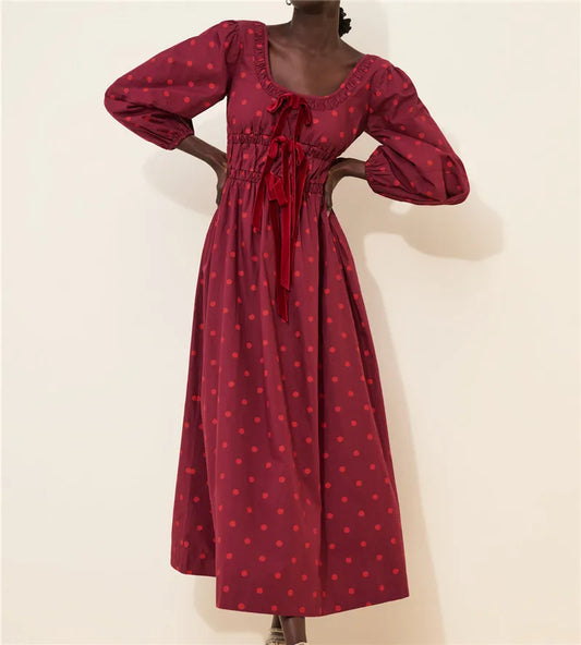 Red Polka Dot Bow Long Puff Sleeve Smocked Midi Dress