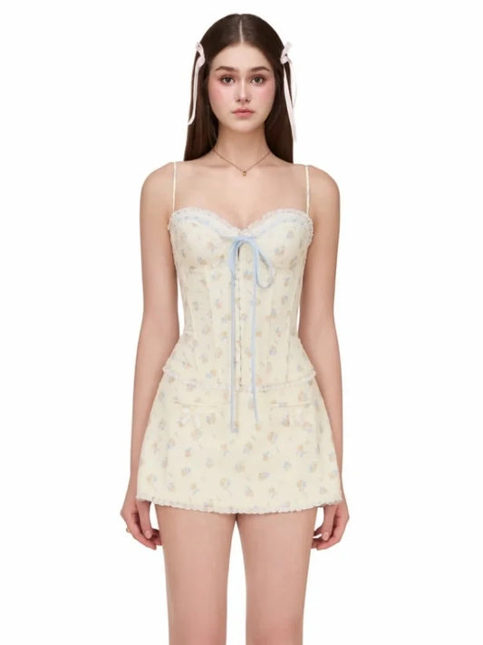 Spaghetti Strap Lace-up Crop Top And Mini Floral Bow Skirt Set