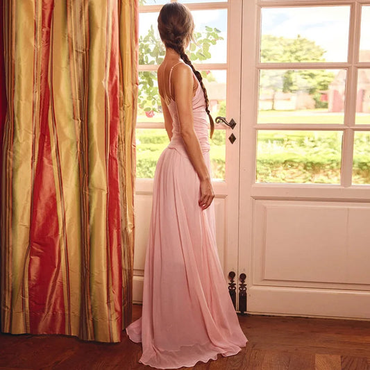 Pink V-Neck Mesh Frill High Split Midi Dress