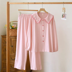 Cotton Doll Collar Shirt And Pants Pajama Sets