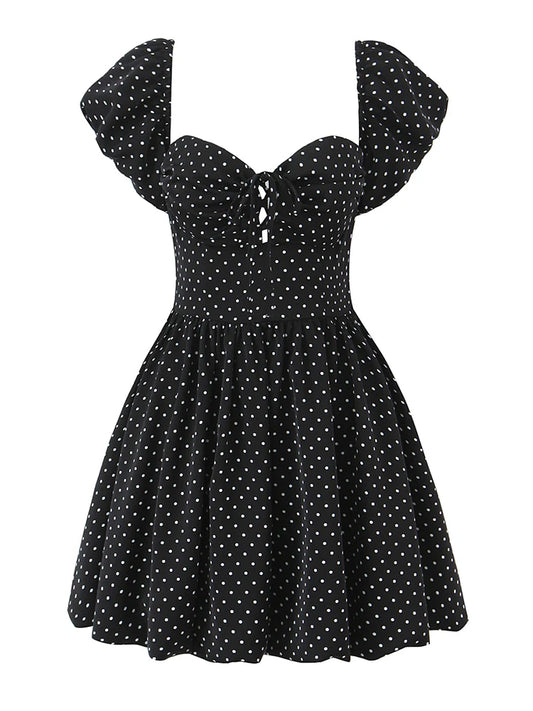Black Dot Print Puff Sleeve Mini Dress